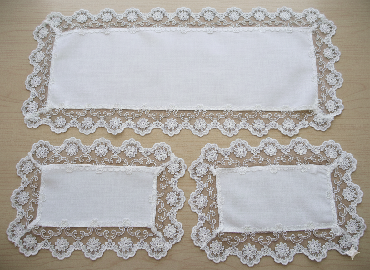Tris di centri con bordo merlettato con motivo floreale